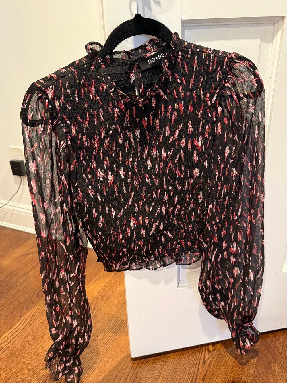 DO+BE Black Blouse with Pink Ditsy Print and Smocked Bodice